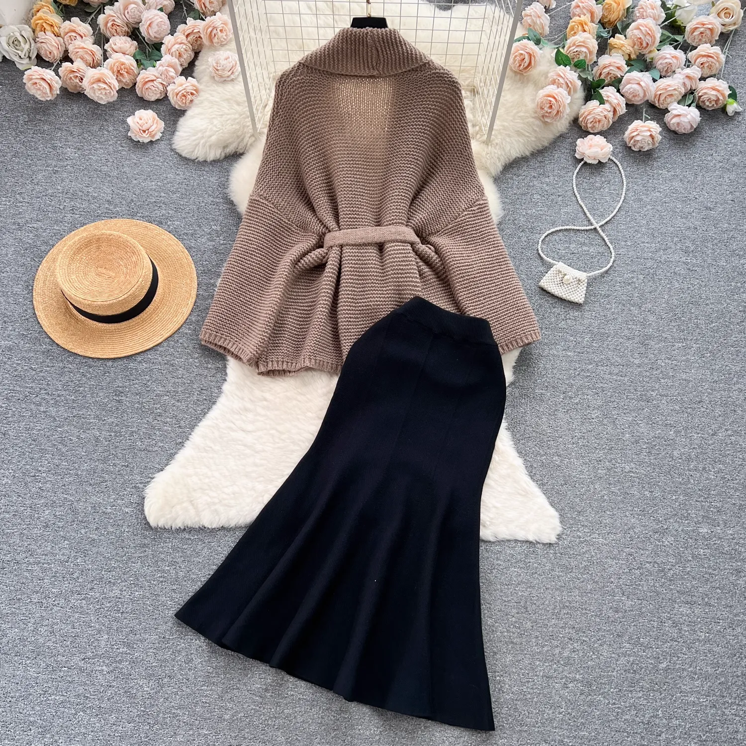 - Elegant sweater jacket, versatile fishtail skirt two-piece trendy set,black dress GEU615