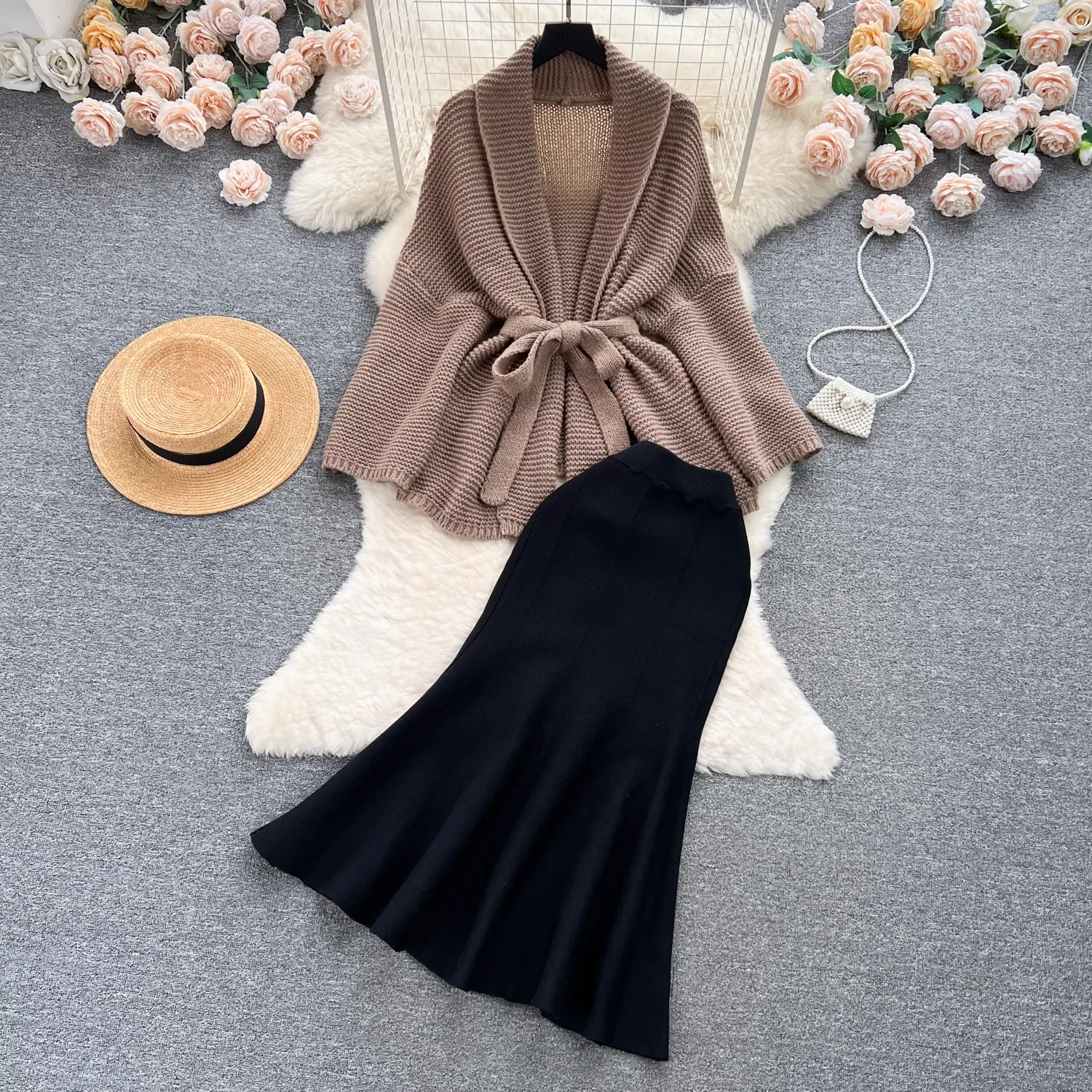 - Elegant sweater jacket, versatile fishtail skirt two-piece trendy set,black dress GEU615