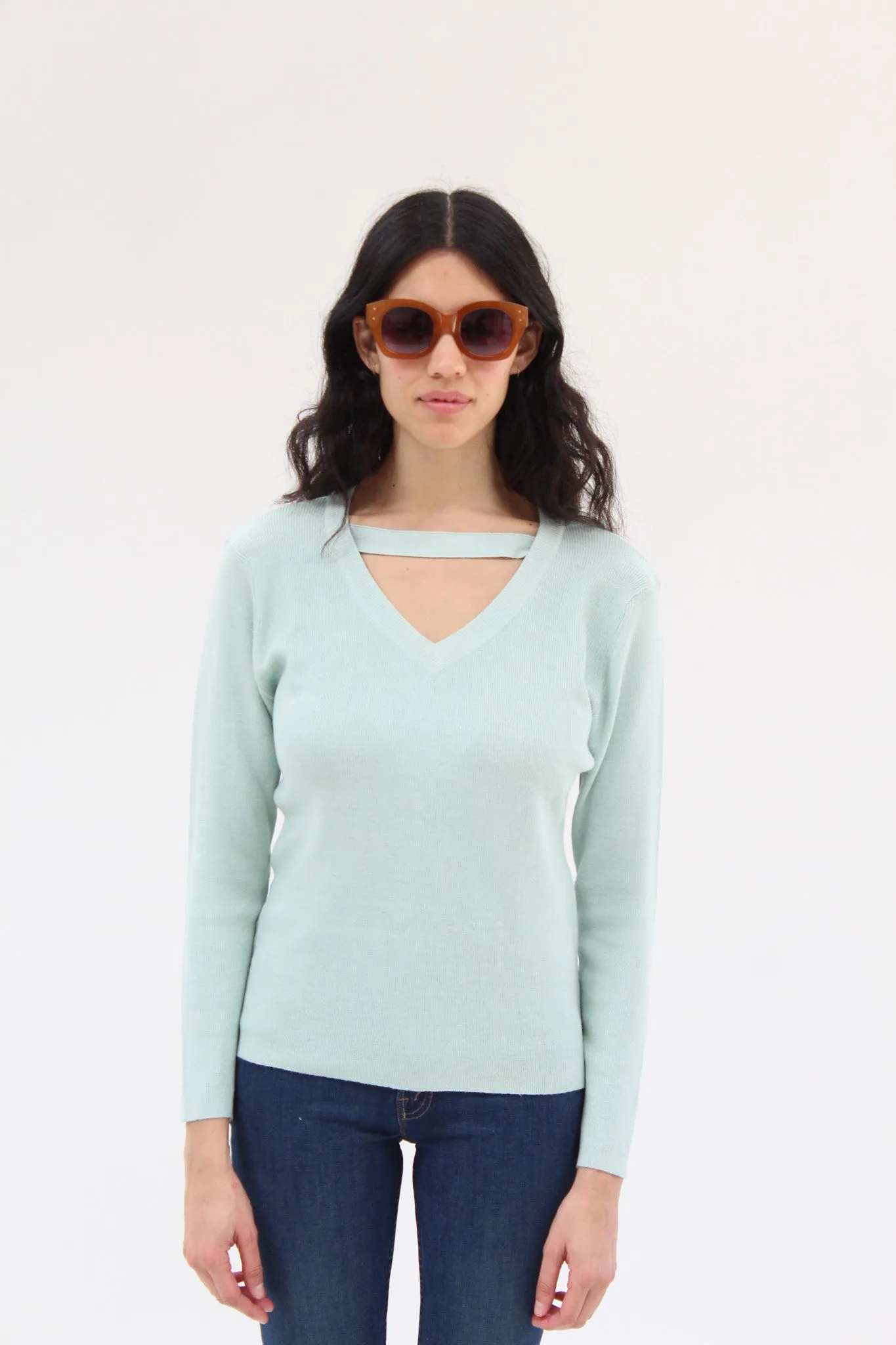 Beklina Ribbed Bar V-Neck Sweater Water