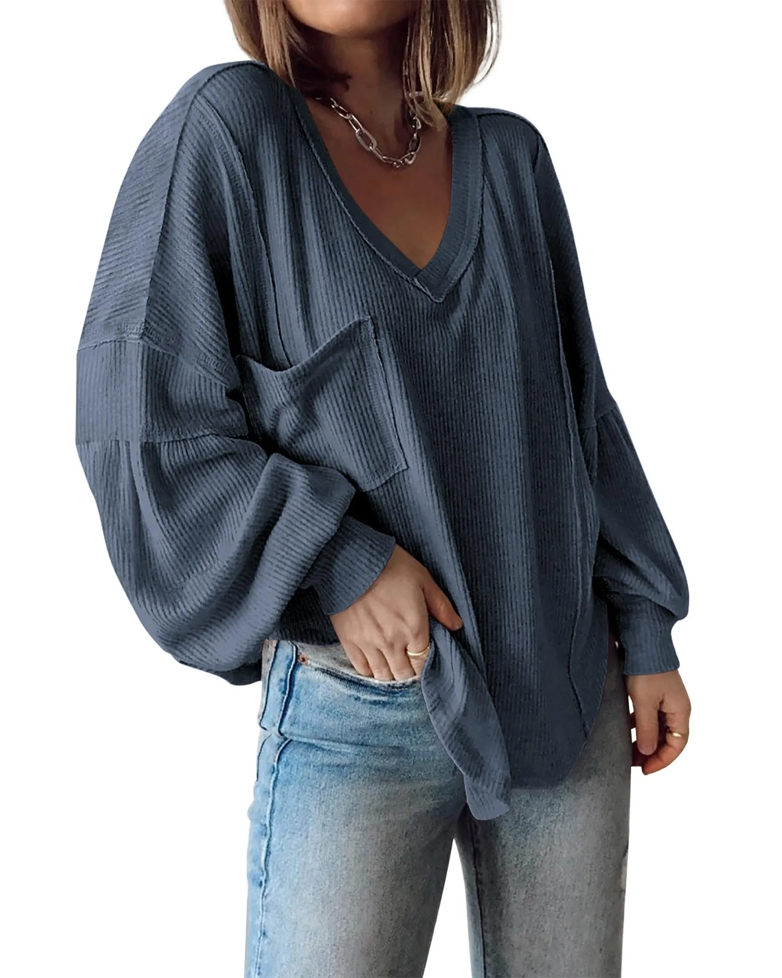 BTFBM Women's Casual V Neck Ribbed Knit Shirts 2024 Fall Pullover Tunic Tops Loose Balloon Long Sleeve Blouses Top(Solid Light Grey Blue, X-Large)