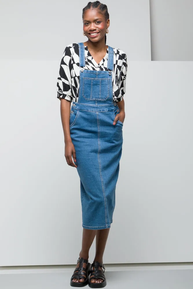 Denim Dungaree Dress Mid Blue