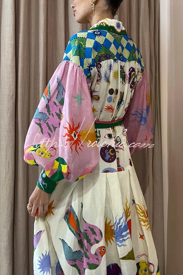 Effortless and Playful Unique Print Balloon Sleeve Shirt Midi Dress