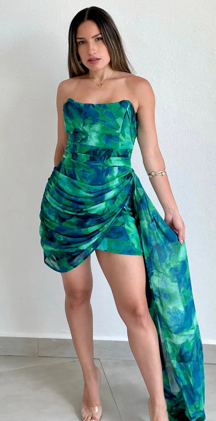 Effortless Attraction Green Print Strapless Dress