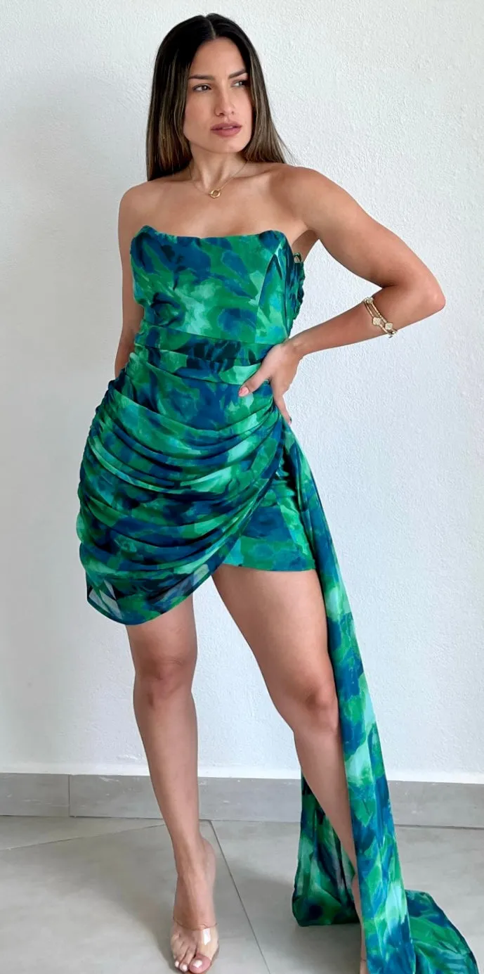 Effortless Attraction Green Print Strapless Dress