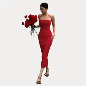 French halter neck long slim dress