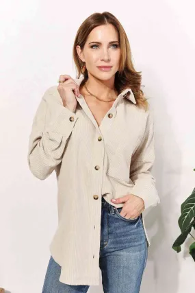 Full Size Oversized Corduroy Button-Down Tunic Shirt with Bust Pocket