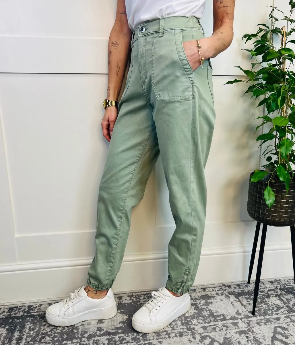 Green Slim Fit Casual Cuffed Trousers