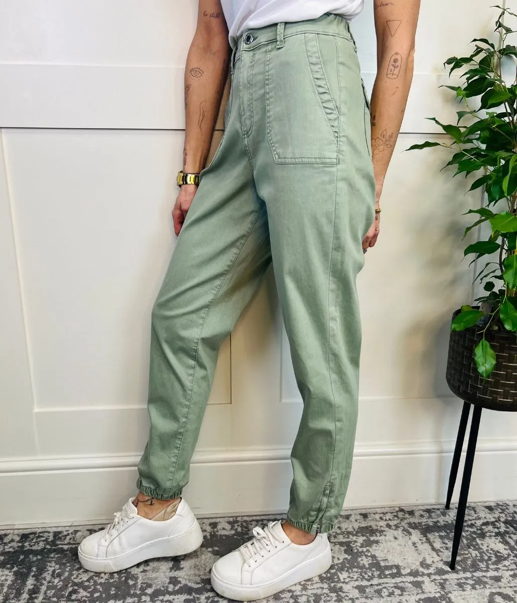 Green Slim Fit Casual Cuffed Trousers