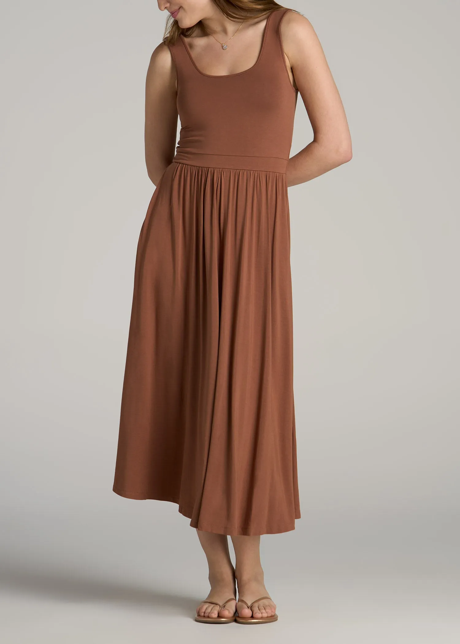 Jersey Tank Dress with Pockets for Tall Women in Clay Brown