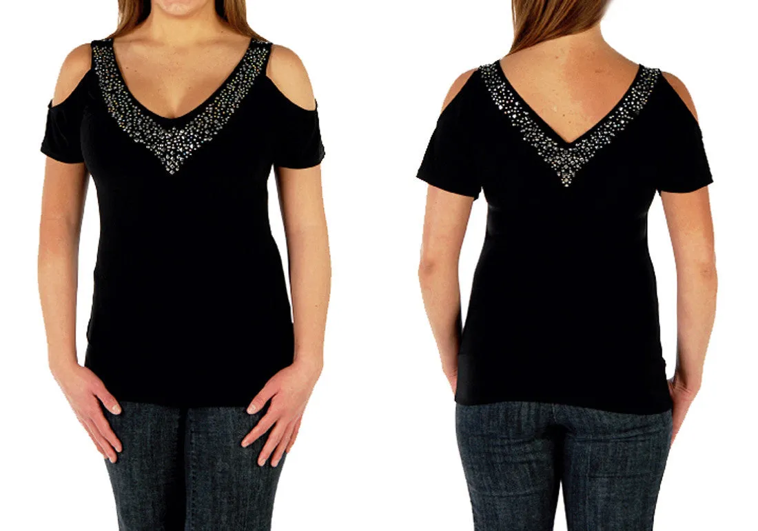 Liberty Wear - Sasha, Short Sleeve V-Neck Accented with Rhinestones Fashion Top