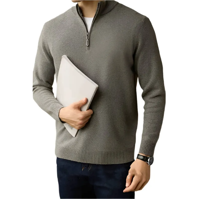 Men's Half Zipped Stand Collar Pure Wool Thermal Sweater