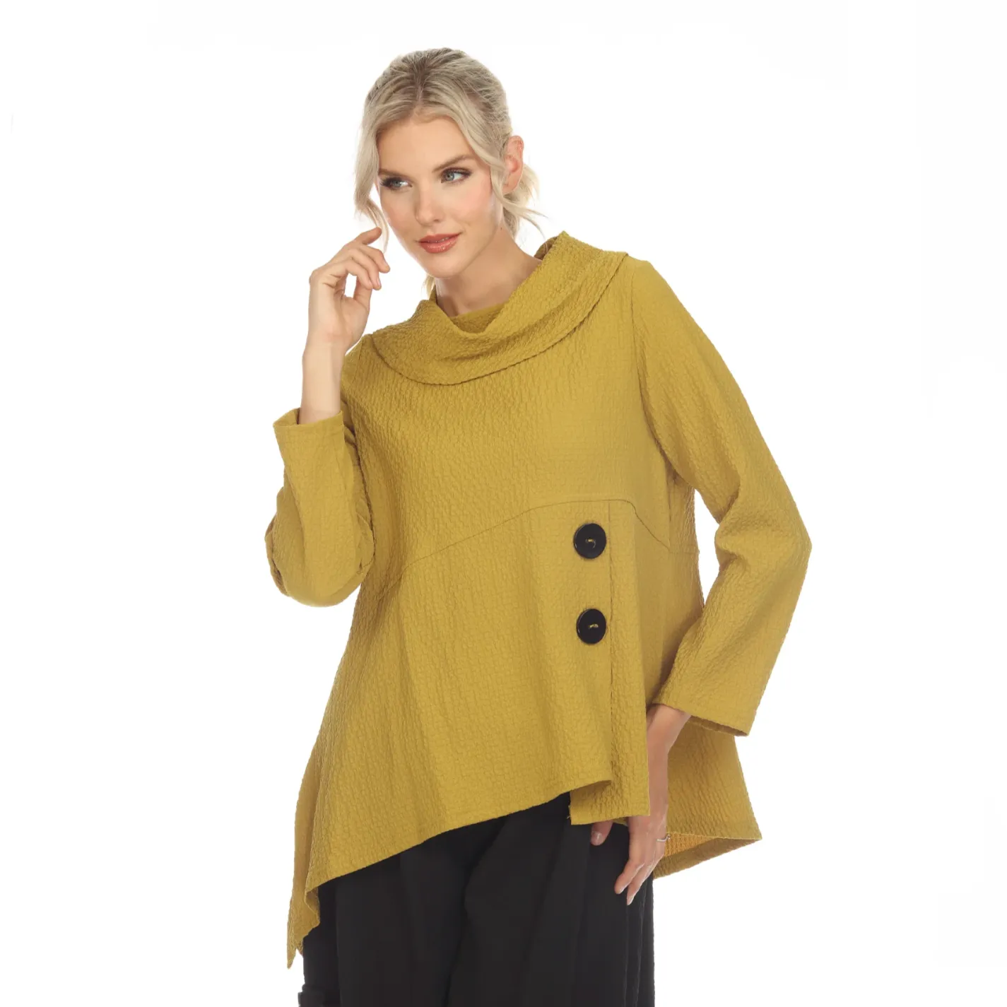 Moonlight Cowl-Neck Asymmetric Tunic Top in Mustard -3574-MST