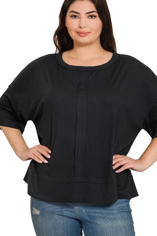 Plus Rib Boat Neck Dolman Sleeve Top w/ Front Seam