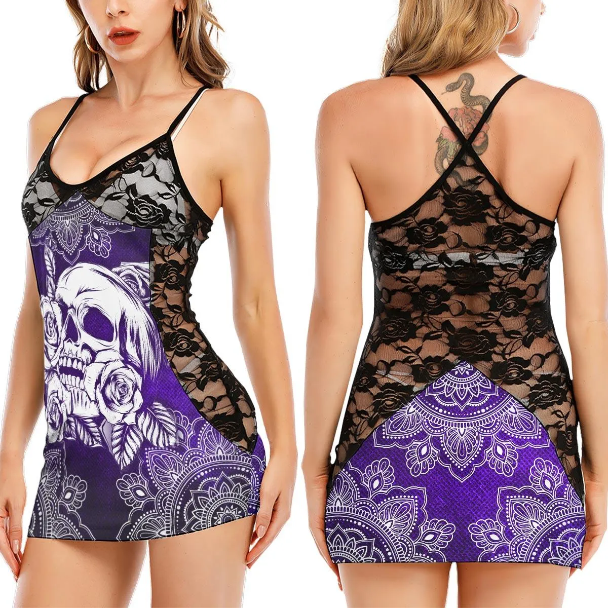 Purple Mandala Skull Rose Black Lace Sleepwears Babydol Dresses