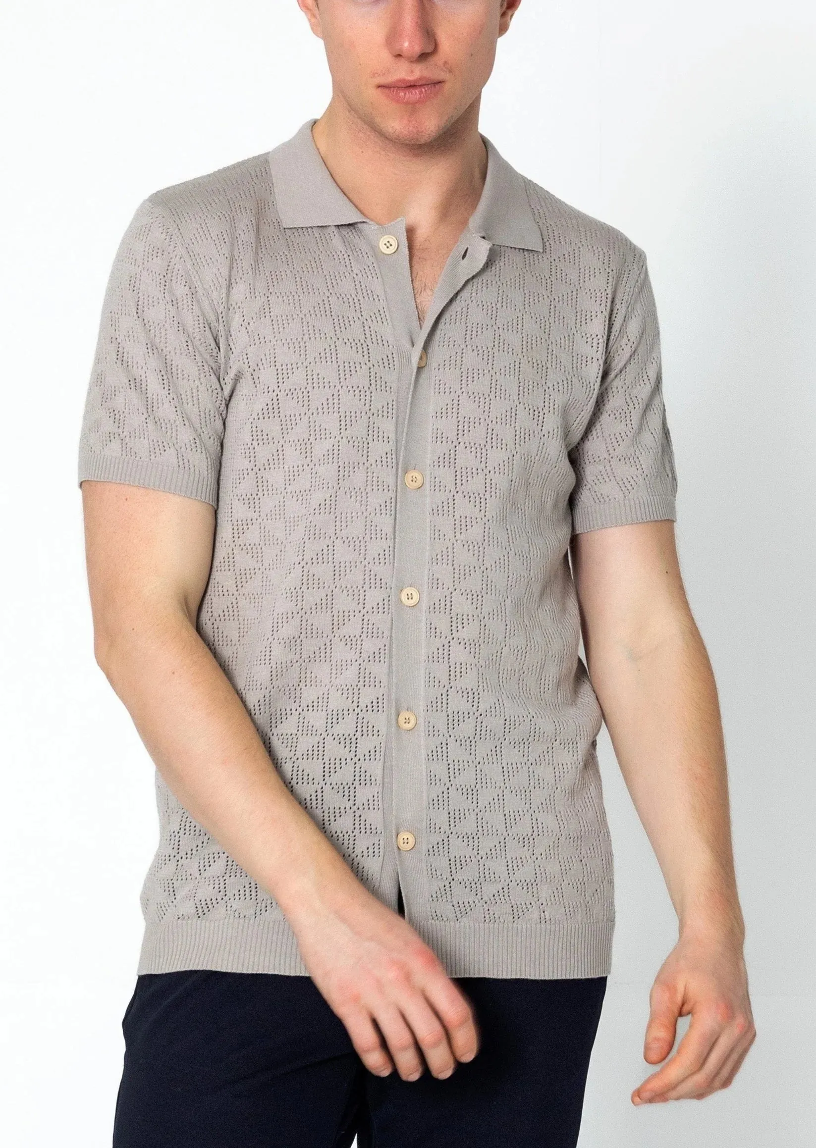 RNT23 Geometric crochet polo shirt grey