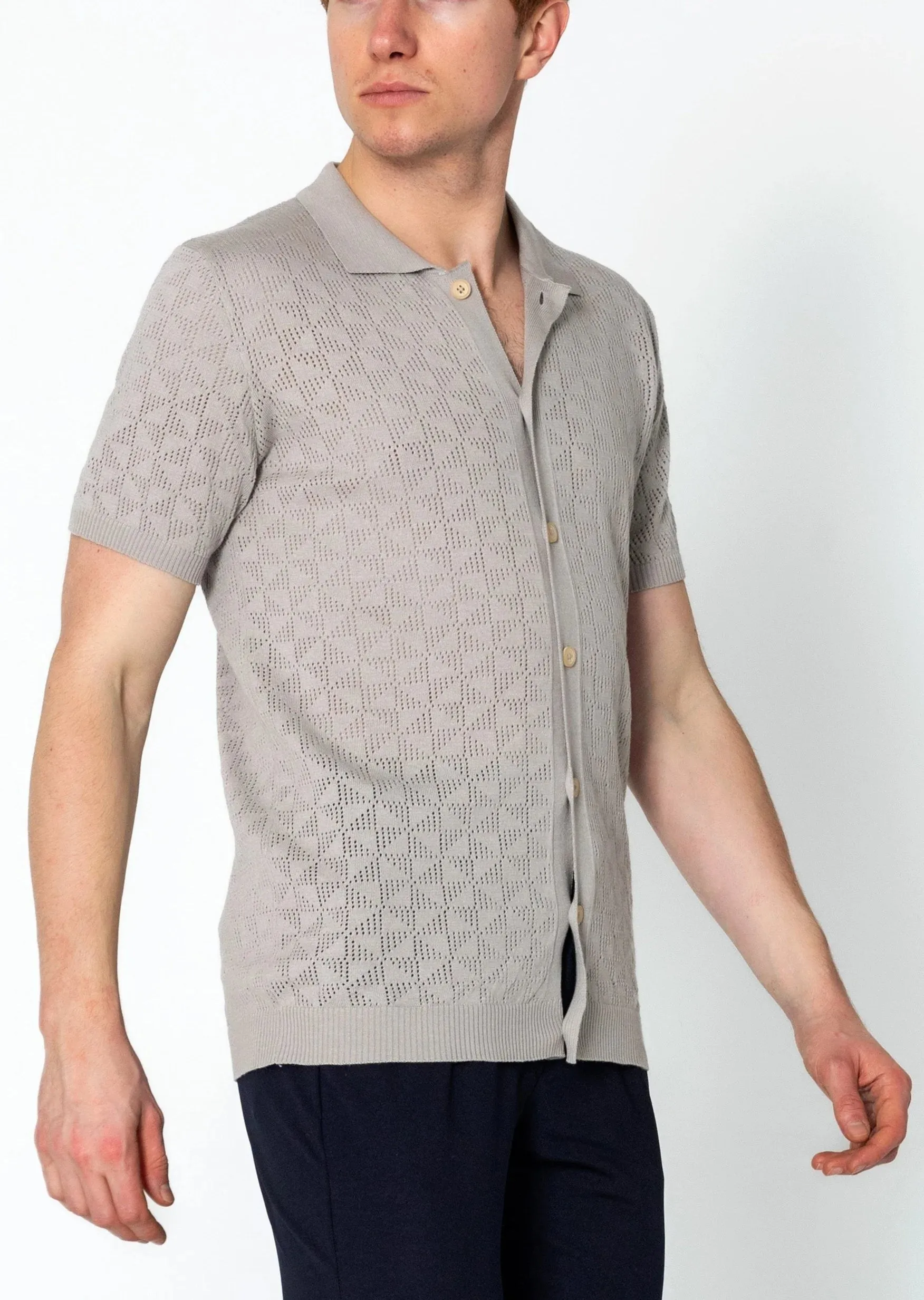 RNT23 Geometric crochet polo shirt grey