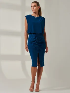 Sample Sale - Ruched Front Slit Midi Dress, Blue