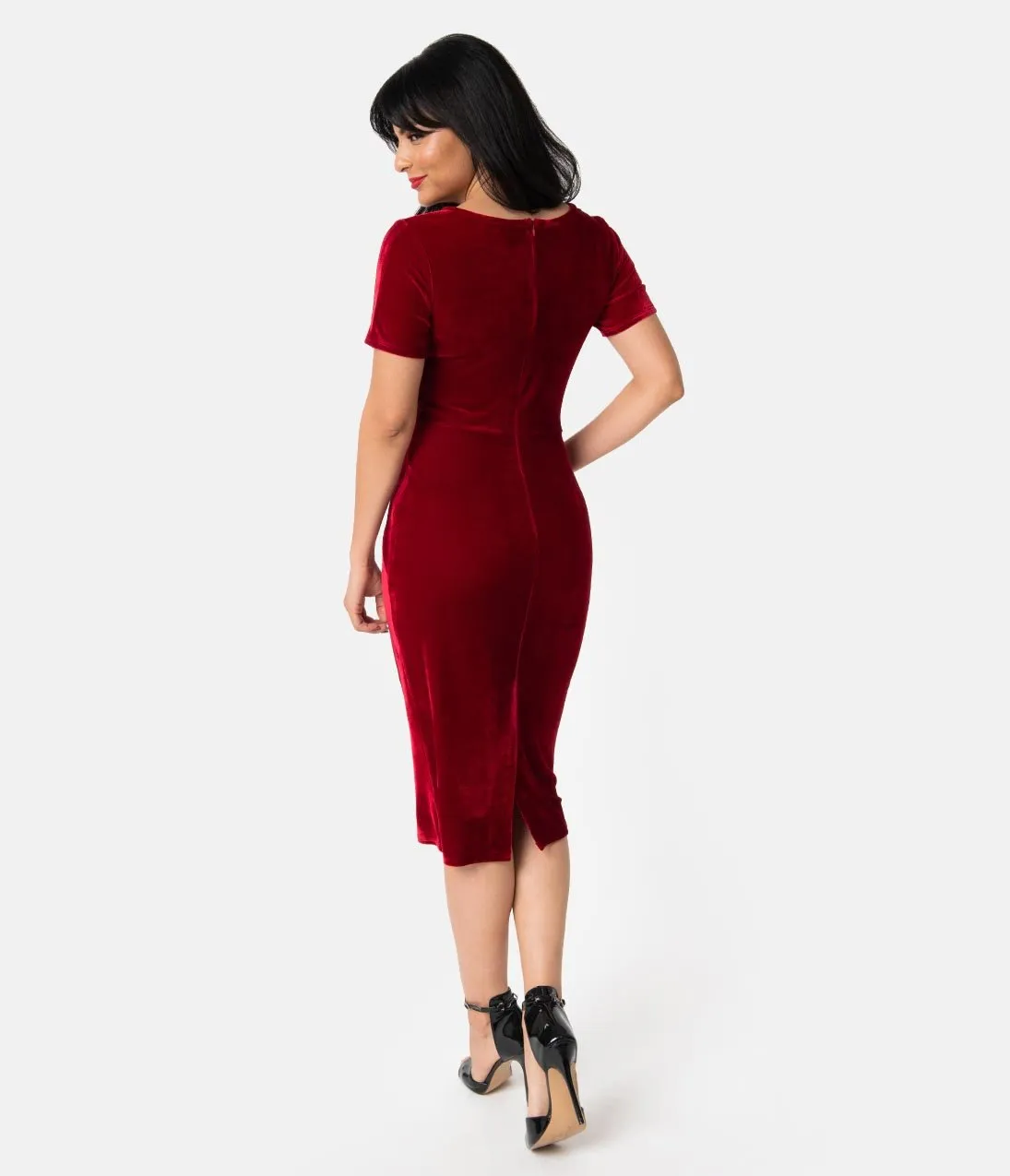 Unique Vintage 1960s Burgundy Velvet Short Sleeve Stretch Mod Wiggle Dress