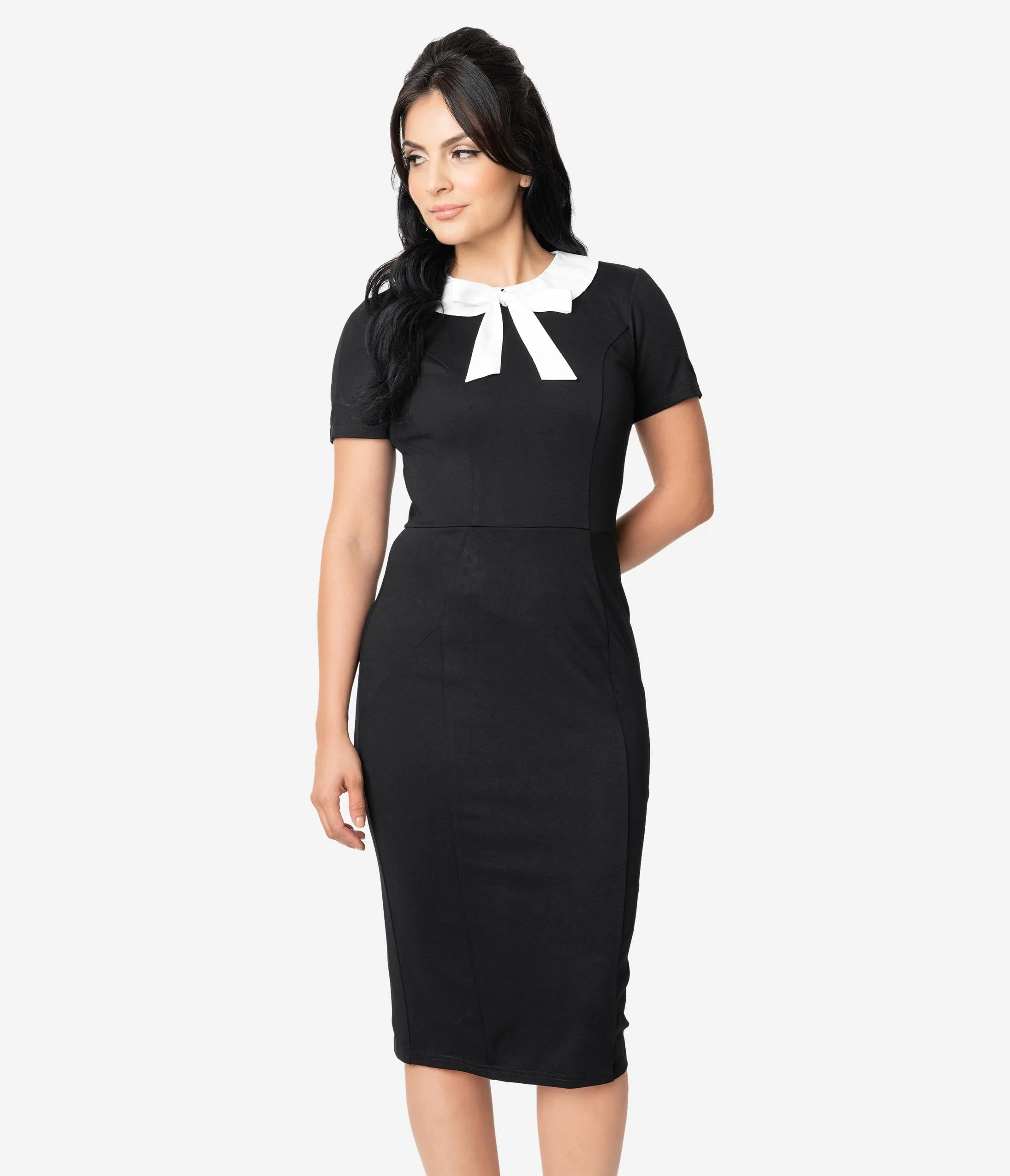 Unique Vintage 1960s Style Black & White Collar Renata Pencil Dress