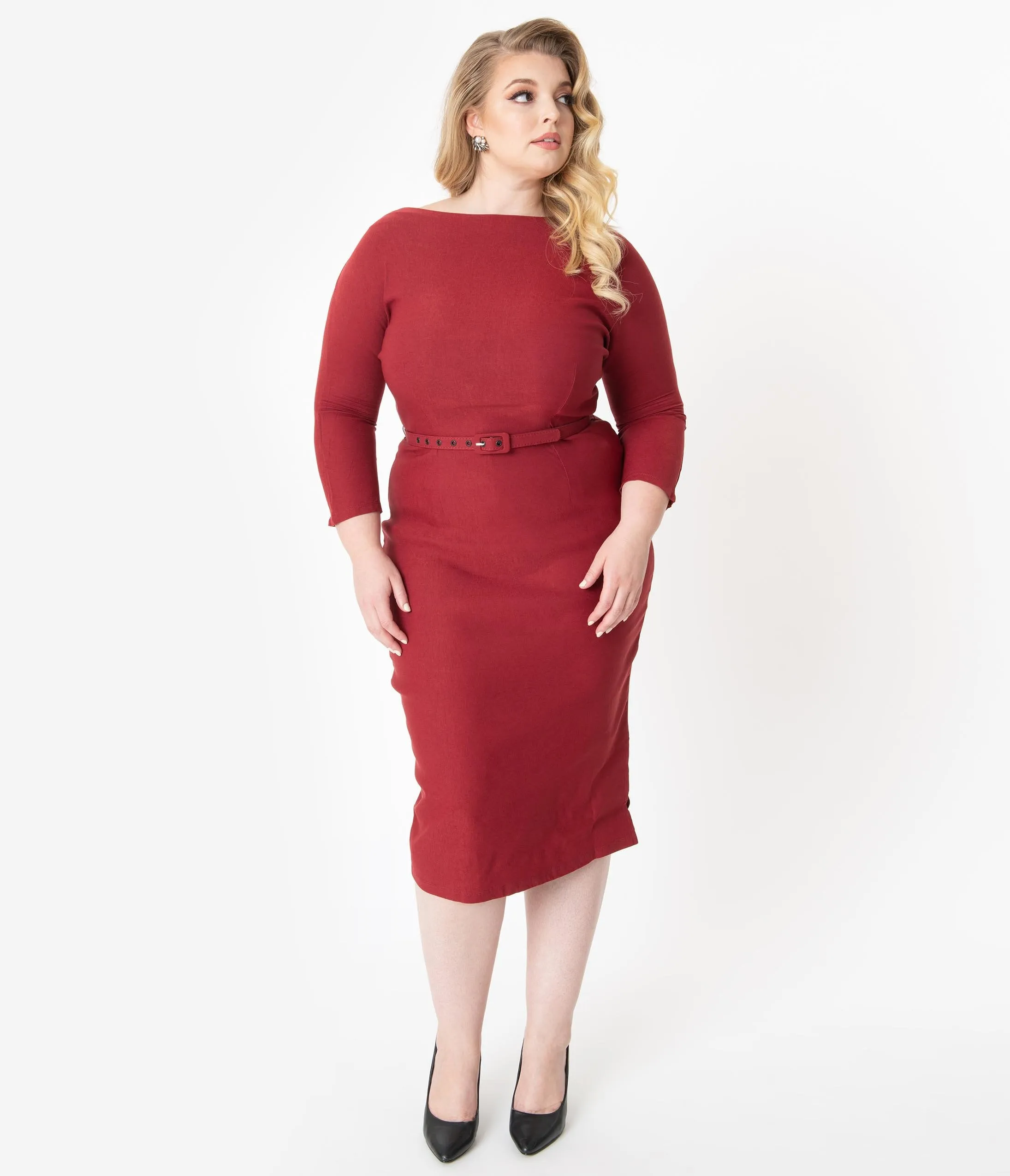 Unique Vintage Plus Size 1940s Style Red Sleeved Adelia Wiggle Dress