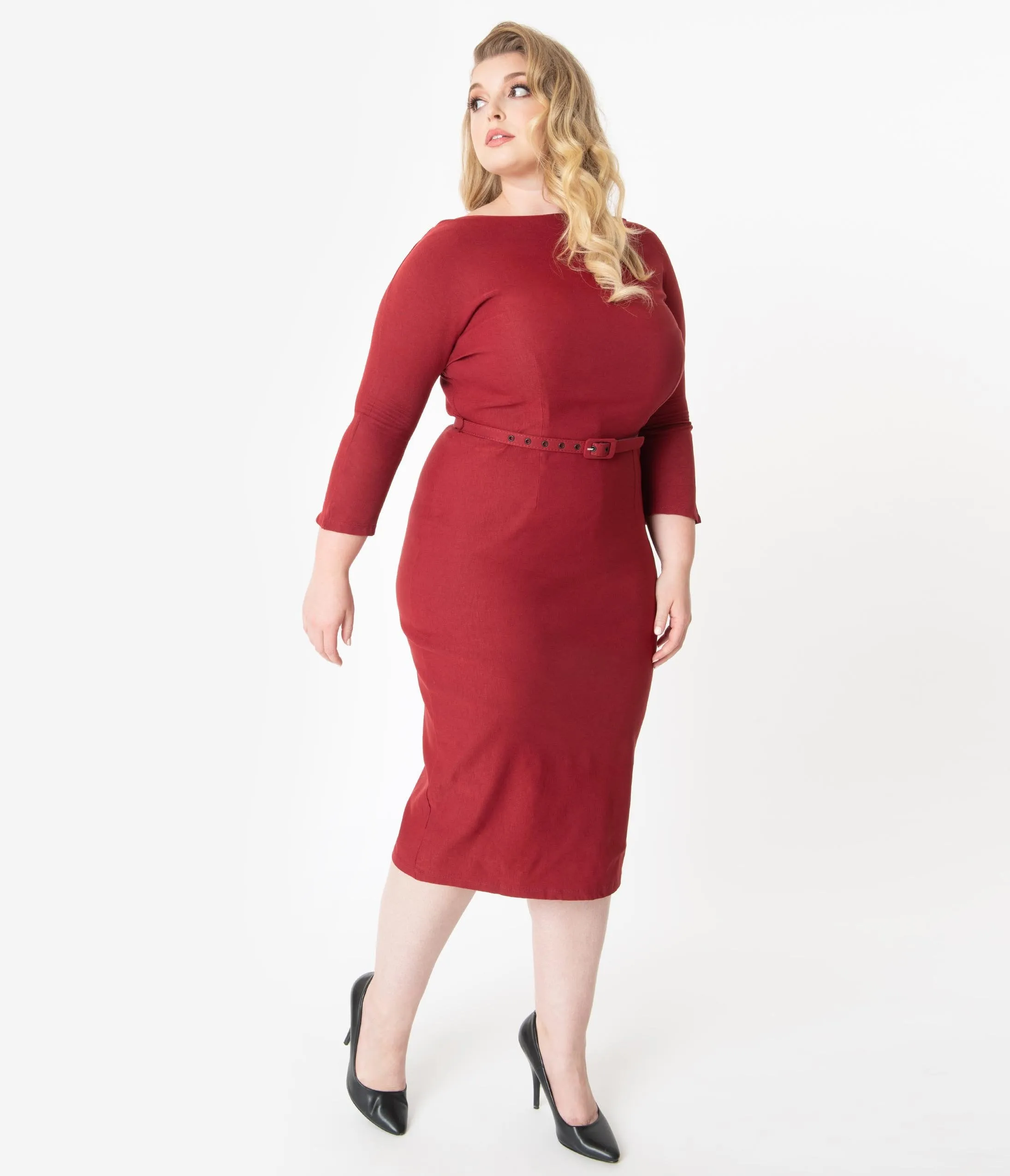 Unique Vintage Plus Size 1940s Style Red Sleeved Adelia Wiggle Dress