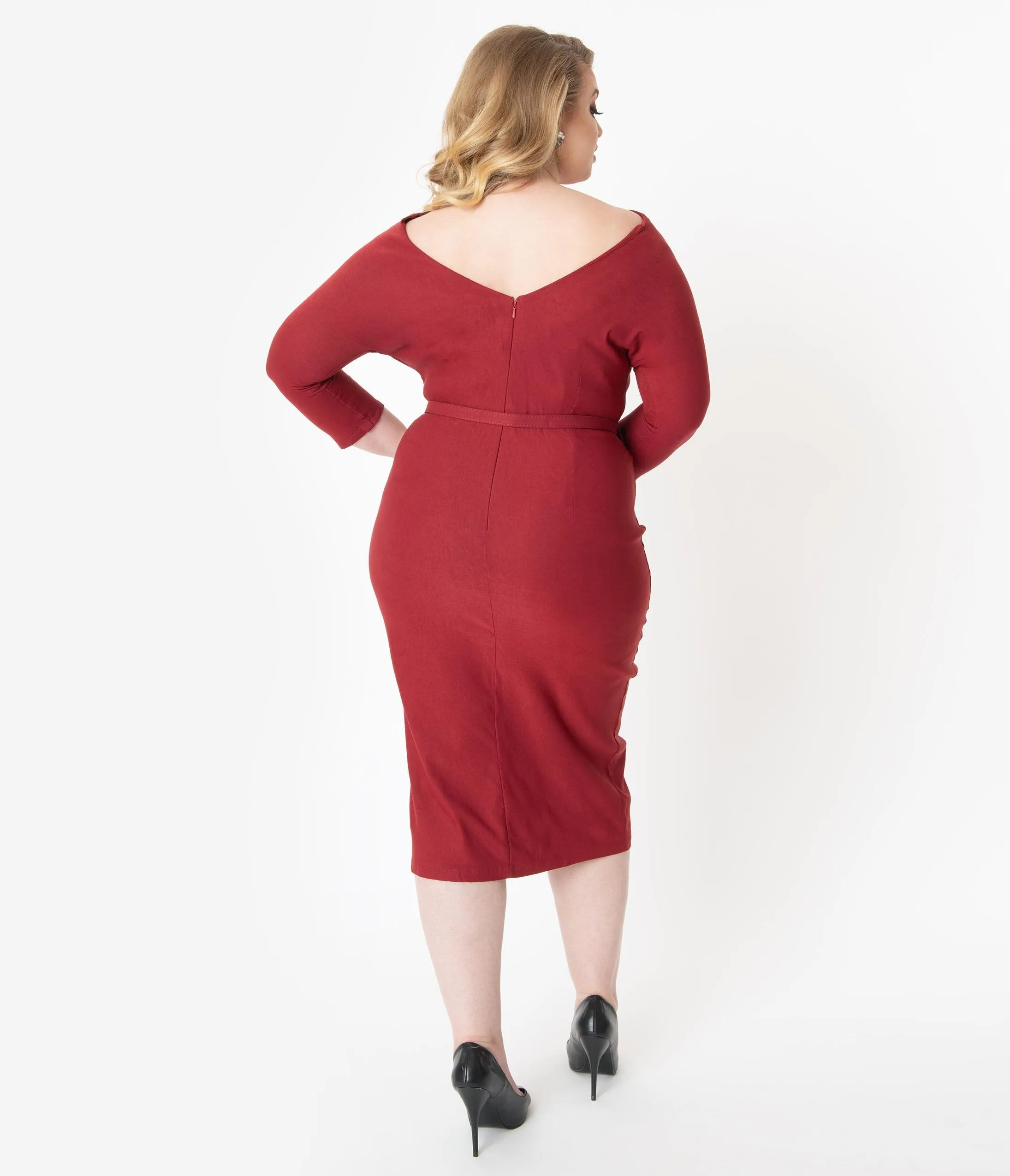 Unique Vintage Plus Size 1940s Style Red Sleeved Adelia Wiggle Dress