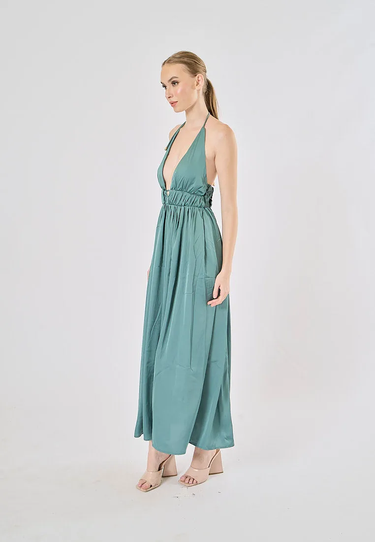 Vivid Teal Versatile Braided Strap Back Hollow Out Midi Dress