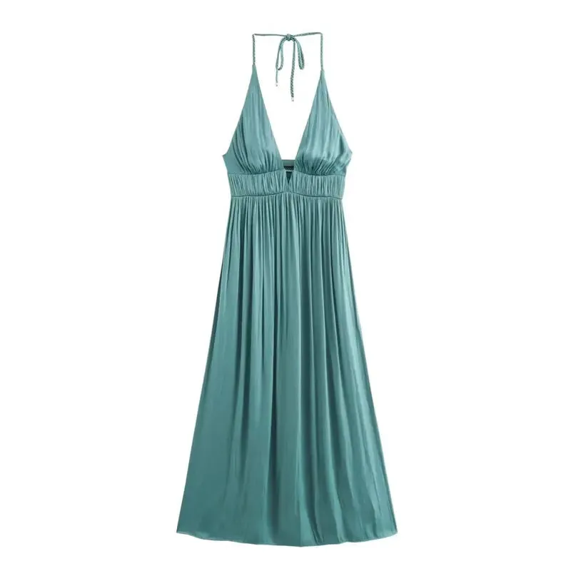 Vivid Teal Versatile Braided Strap Back Hollow Out Midi Dress