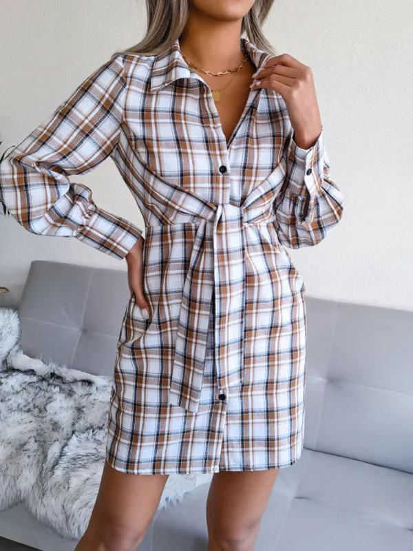 Women's Plaid Tie Front Shirt Dress, Versatile Style for Any Occasion!