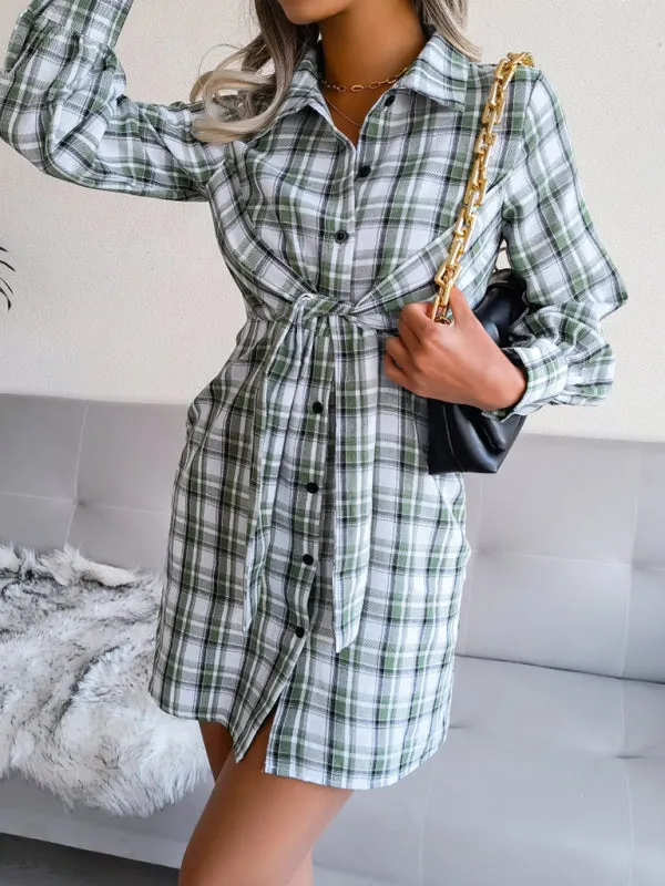 Women's Plaid Tie Front Shirt Dress, Versatile Style for Any Occasion!