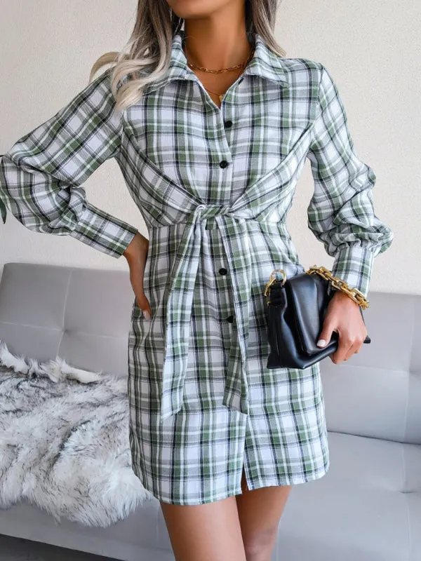 Women's Plaid Tie Front Shirt Dress, Versatile Style for Any Occasion!