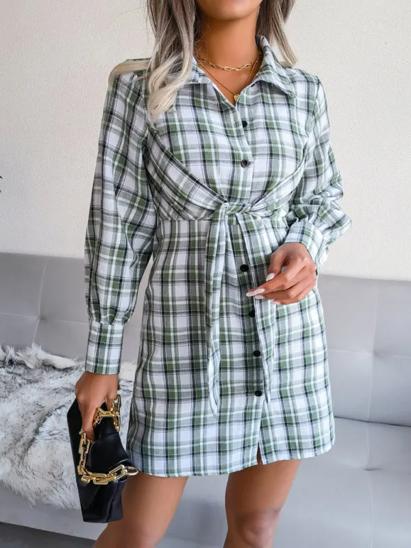 Women's Plaid Tie Front Shirt Dress, Versatile Style for Any Occasion!