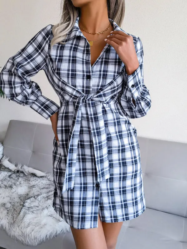 Women's Plaid Tie Front Shirt Dress, Versatile Style for Any Occasion!